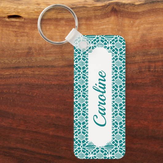 Blauwgroen met White Crochet Lace Pattern Sleutelhanger (Voorkant)