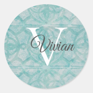 Blauwgroen met witte monogram naam ronde sticker