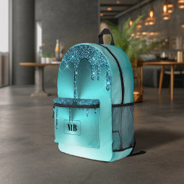 Blauwgroen Metallic Glitter Drip Monogrammed Bedrukte Rugzak