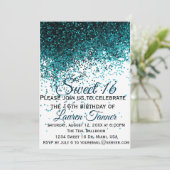 Blauwgroen metallic glitter sweet 16 uitnodiging (Staand voorkant)