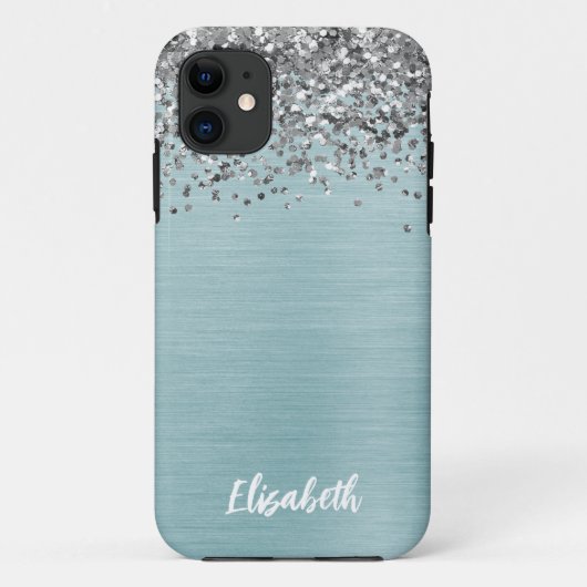Blauwgroen Metallic Silver Glitter Girly Monogram Case-Mate iPhone Case (Achterkant)