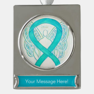 Blauwgroen milieubewustzijn Ribbon Angel Ornament Verzilverd Banner Ornament
