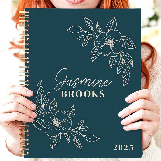 Blauwgroen Minimalistische Bloemen 2025 Aangepaste Planner