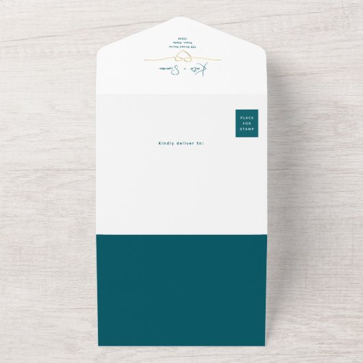 Blauwgroen minimalistische bruiloft all in one uitnodiging (Buitenkant)