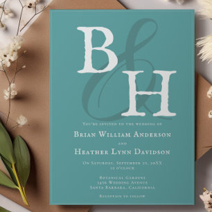 Blauwgroen minimalistische monogram bruiloft kaart