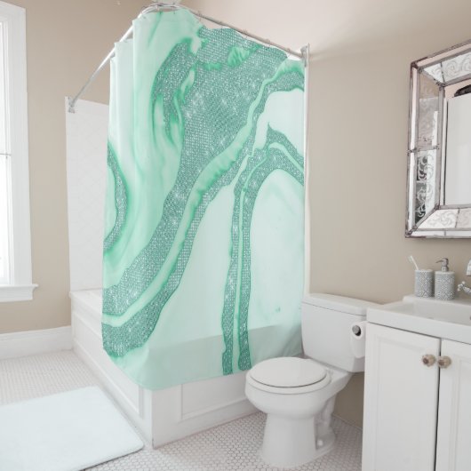 Blauwgroen Mint Green Sparkly Sequin Smoky Marble Douchegordijn (In situ)