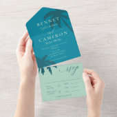 Blauwgroen & Mint Groene Palm Trees Strand Wedding All In One Uitnodiging (Afscheurbaar)