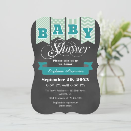Blauwgroen Mint krijtbord Flag Baby shower uitnodi Kaart (Staand voorkant)