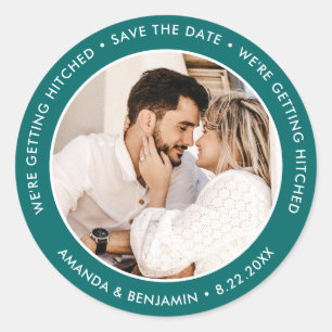 Blauwgroen Modern Getting Hitched Wedding Foto Ronde Sticker