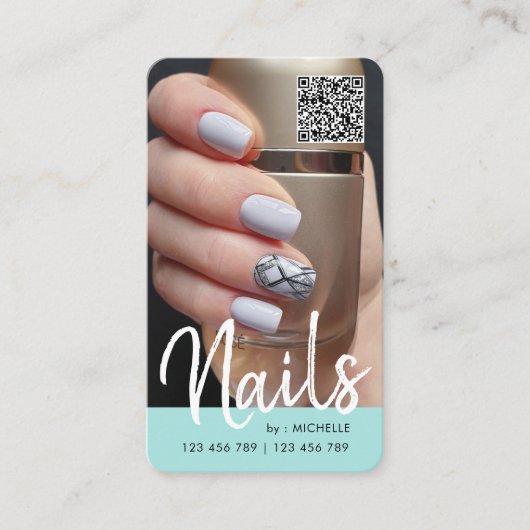 Blauwgroen moderne grafische QR-codenagels foto  Visitekaartje (Voorkant)