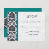 Blauwgroen Monogram Damask Vintage Wedding RSVP (Voorkant / Achterkant)