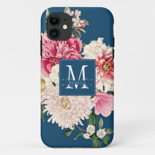 Blauwgroen Monogram  Floral Peony Swirls Elegant iPhone 11 Hoesje
