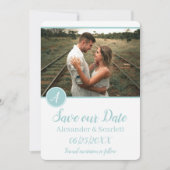 Blauwgroen monogram foto slaat de datum op aankondiging (Voorkant)