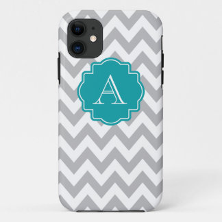 Blauwgroen monogram grijze en witte Chevron iPhone 11 Hoesje