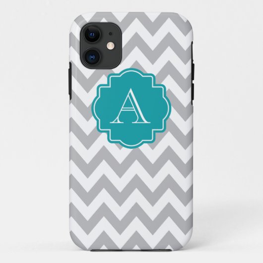 Blauwgroen monogram grijze en witte Chevron Case-Mate iPhone Case (Achterkant)