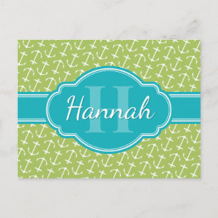 Blauwgroen monogram groen wit anker patroon briefkaart