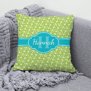 Blauwgroen monogram groen wit anker patroon kussen