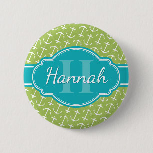 Blauwgroen monogram groen wit anker patroon ronde button 5,7 cm