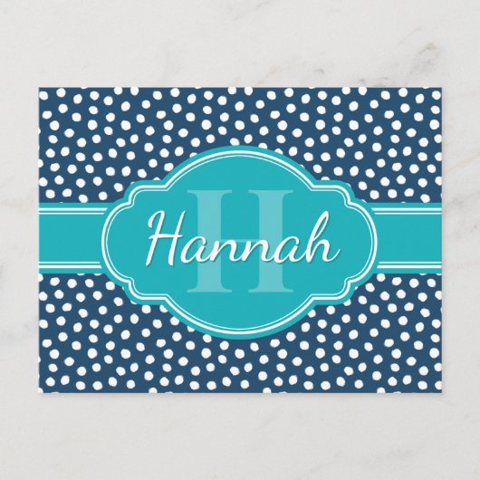 Blauwgroen monogram Navy White Dotted Pattern Briefkaart (Voorkant)