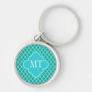 Blauwgroen monogram quatrefoliepatroon sleutelhanger