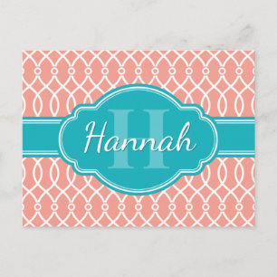 Blauwgroen monogram roze witte, elegante rasterpat briefkaart