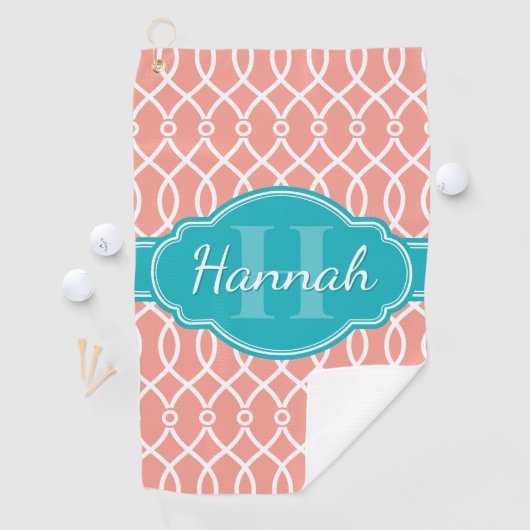 Blauwgroen monogram roze witte, elegante rasterpat golfhanddoek (Insitu)