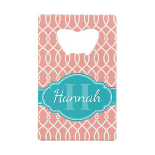 Blauwgroen monogram roze witte, elegante rasterpat kredietkaart flessenopener