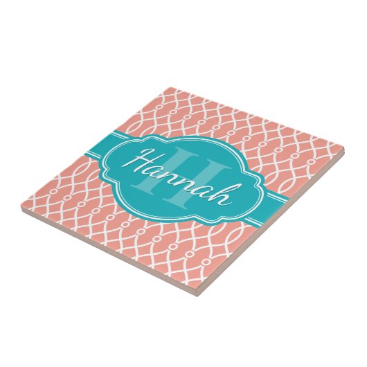 Blauwgroen monogram roze witte, elegante rasterpat tegeltje (Zijkant)