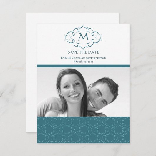 Blauwgroen Monogram sparen de Datum Fotokaarten Save The Date (Voorkant / Achterkant)
