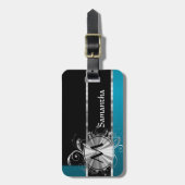 Blauwgroen monogram zwart-wit en zilver bagagelabel (Voorkant verticaal)