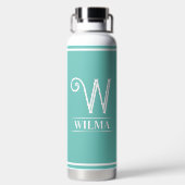 Blauwgroen monogrammen waterfles (Achterkant)