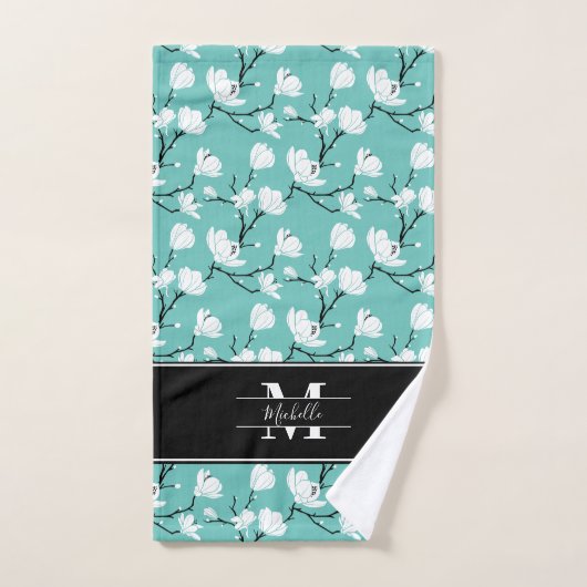 Blauwgroen Monogrammen - Zwarte en Witte Magnolia  Bad Handdoek (Handdoek)