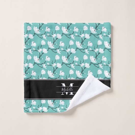 Blauwgroen Monogrammen - Zwarte en Witte Magnolia  Bad Handdoek (Wasdoekje)