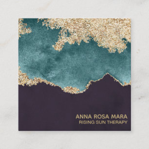 *~*Blauwgroen Moss Agate Geode Black Gold Glitter Vierkante Visitekaartje