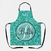 Blauwgroen mousserend glitterpatroon, monogrammen schort (Voorkant)