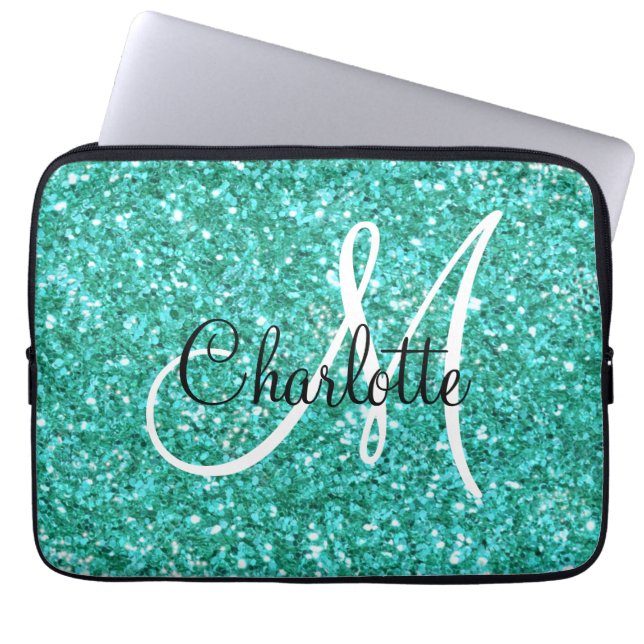 Blauwgroen mousserende glitter, monogrammen laptop sleeve (Voorkant)