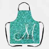 Blauwgroen mousserende glitter, monogrammen schort (Voorkant)