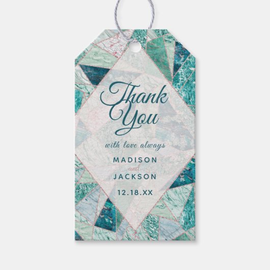 Blauwgroen Mozaïek Marmeren Driehoeken Bruiloft Da Cadeaulabel (Voorkant)