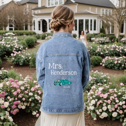 Blauwgroen Mrs. Brides Achternaam Classic Car Deni Denim Jacket (Huwelijk Achterkant)