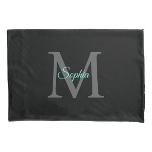 Blauwgroen naam & Grote Grijze Monogram, Zwarte Ku Kussensloop