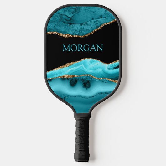 Blauwgroen naam, zwart, goud en Blauwgroen agate Pickleball Paddle (Achterkant)