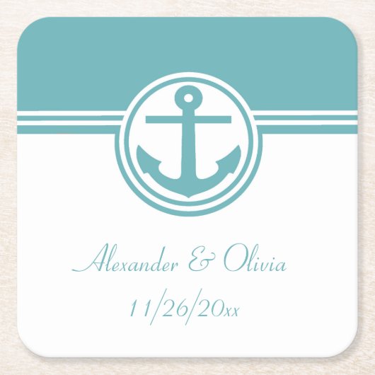 Blauwgroen Nautisch anker Vierkante Kartonnen Onderzetter (Voorkant)