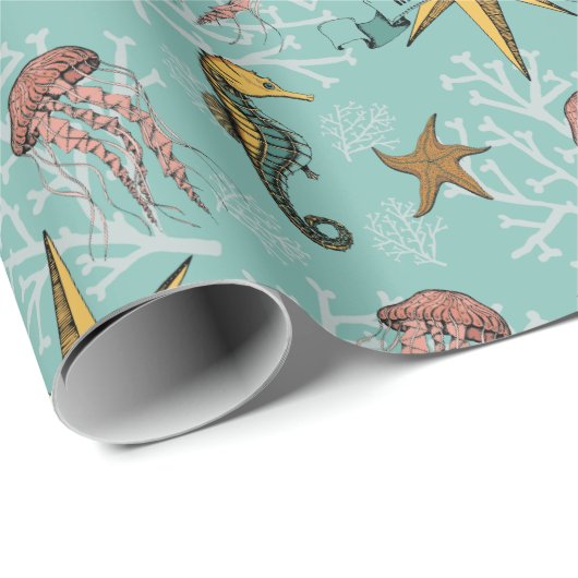 Blauwgroen nautische ster aangepaste tekst marien cadeaupapier (Rol Hoek)