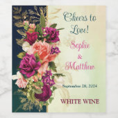 Blauwgroen, Navy, Groen, Gouden Vette Bloemen Brui Wijn Etiket (Enkel label)