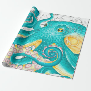 Blauwgroen Octopus Nautical Map Waterverf Cadeaupapier
