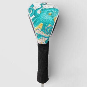 Blauwgroen Octopus Nautical Map Waterverf Golfheadcover
