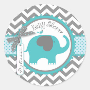 Blauwgroen Olifant Boy Chevron Print Baby shower Ronde Sticker