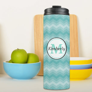 Blauwgroen Ombre Chevron Monogram Thermosbeker