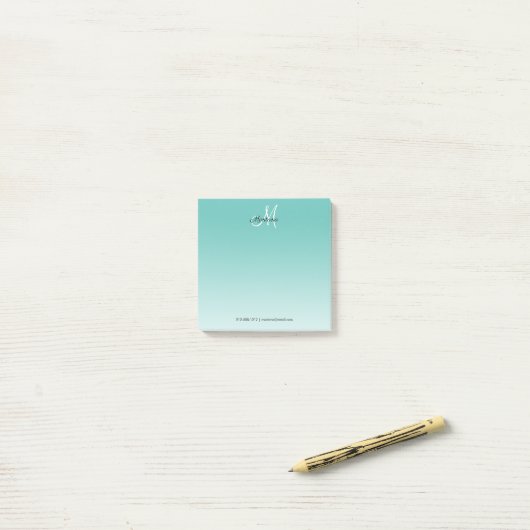 Blauwgroen Ombre Monogram Elegant Girly Script Kan Post-it® Notes (Op bureau)
