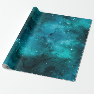 Blauwgroen ontwerp uit de galaxreeks 7 cadeaupapier
